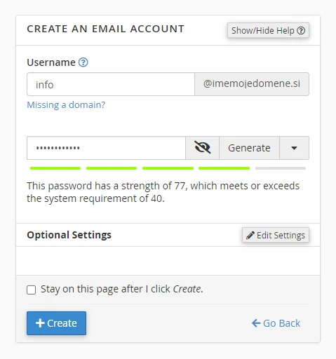 cPanel - kreiranje e-poštnega računa